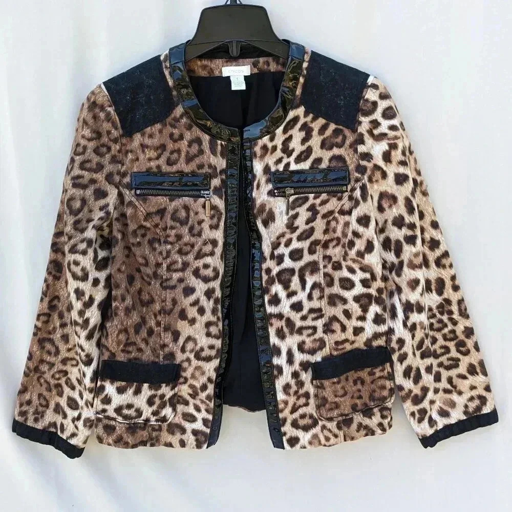 Chico's Matilda Cheetah Print Blazer Jacket 1 Faux Leather mob wife workwear